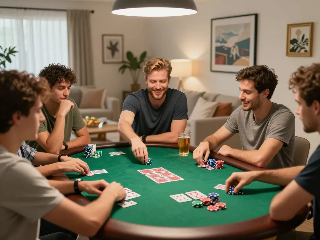 Friends enjoying a lively poker night at home, emphasizing the engaging gameplay atmosphere around 11win.