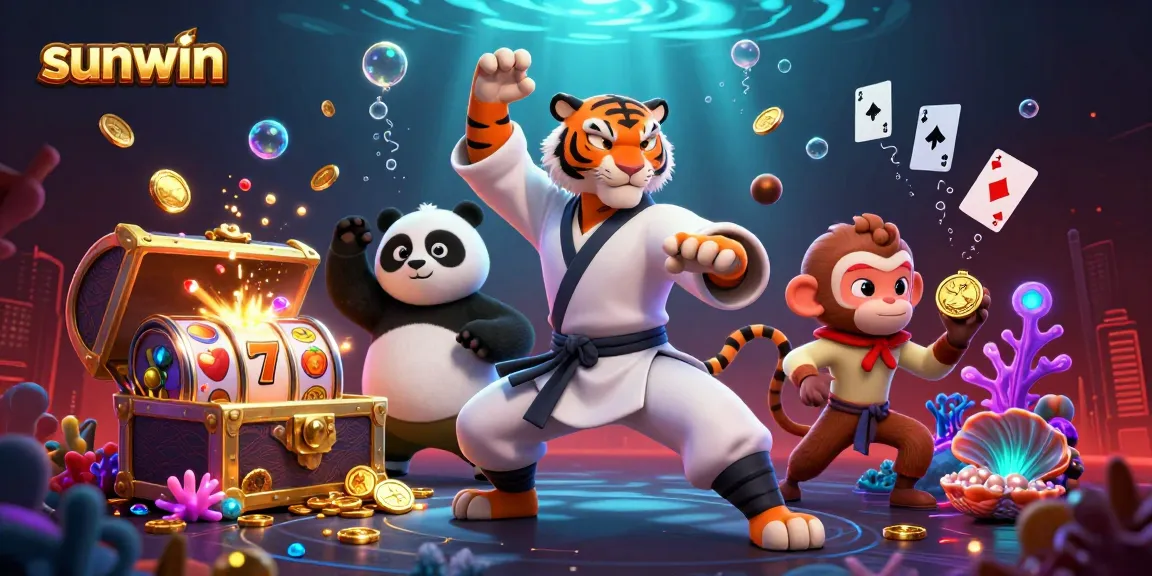 Sunwin illustrates engaging casino gameplay with characters amidst gold coins and spinning slot reels.