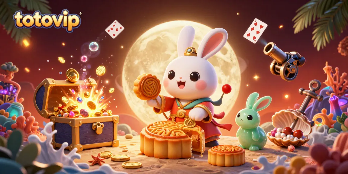 Experience gaming excitement with TotoVIP's dynamic 3D illustration featuring a moon rabbit and poker chips.