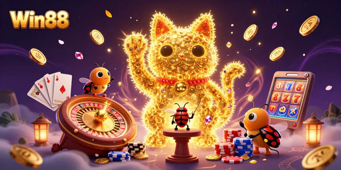Win88 captures the excitement of online gaming with vibrant casino elements and a lucky cat.
