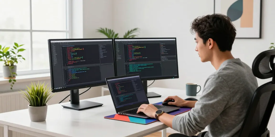 Developer utilizing snipaste's advanced screenshot features in a modern office workspace, showcasing productivity.