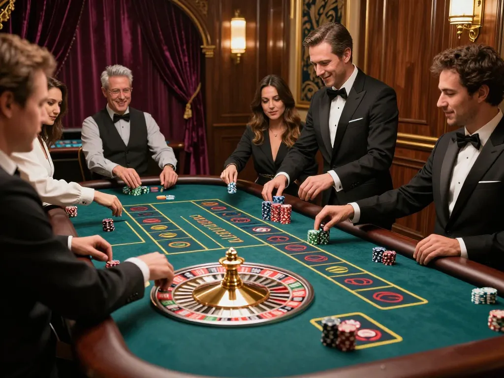 LIGA2000 players enthusiastically betting at an elegant roulette table in a vibrant casino setting.