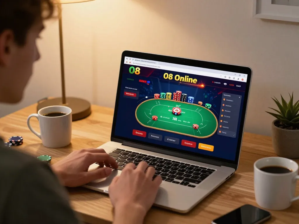 Player enjoying the O8 online casino experience with immersive poker gameplay on laptop