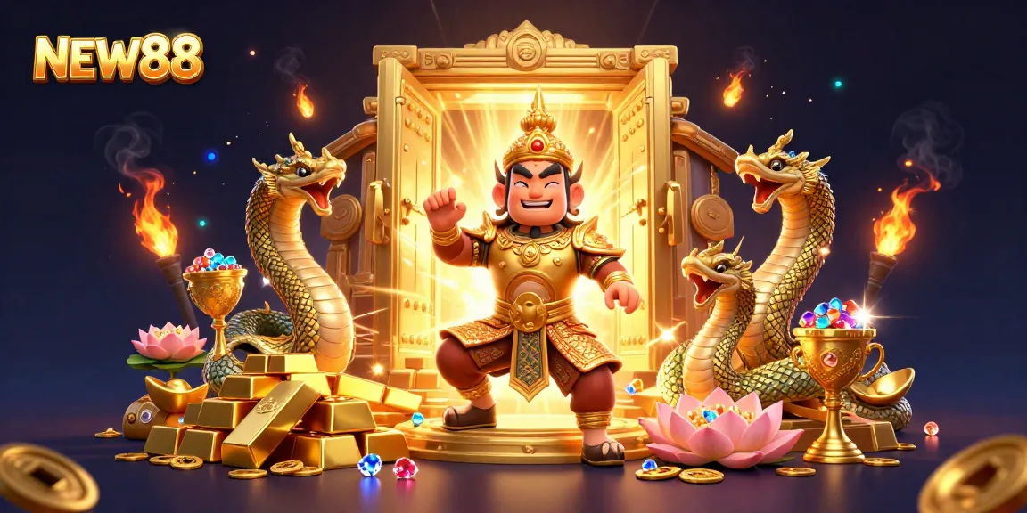 NEW88 invites players to engage with high-stakes casino action in a vibrant 3D treasure scene.