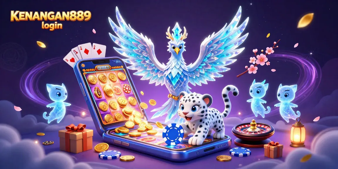 Win big with KENANGAN889 login in this vibrant casino illustration showcasing exciting game elements.