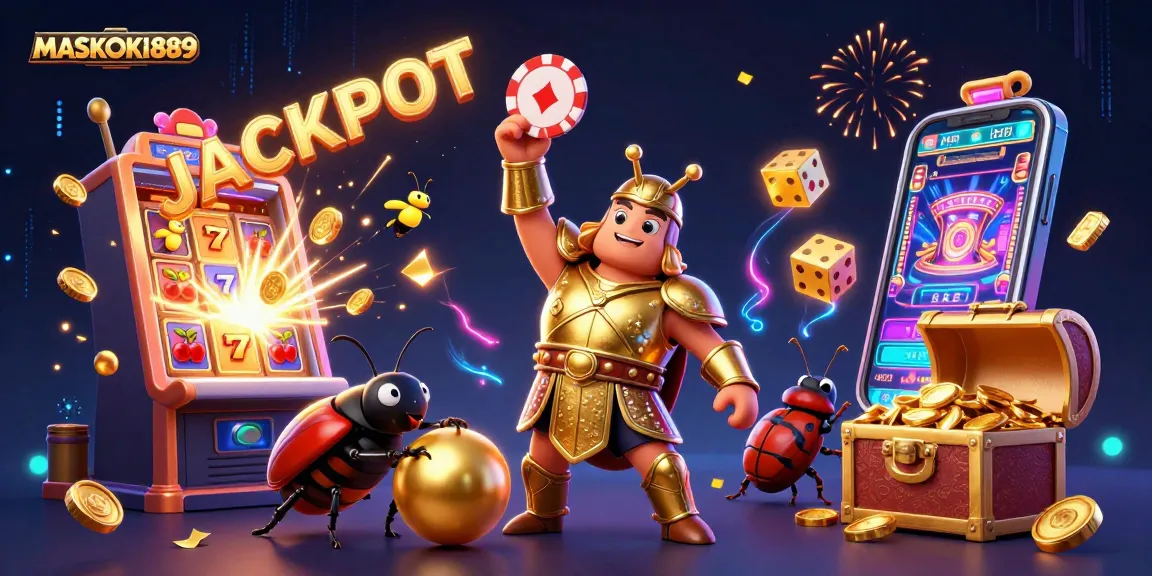 MASKOKI889 showcases a victorious beetle champion surrounded by explosive casino elements and jackpot excitement.
