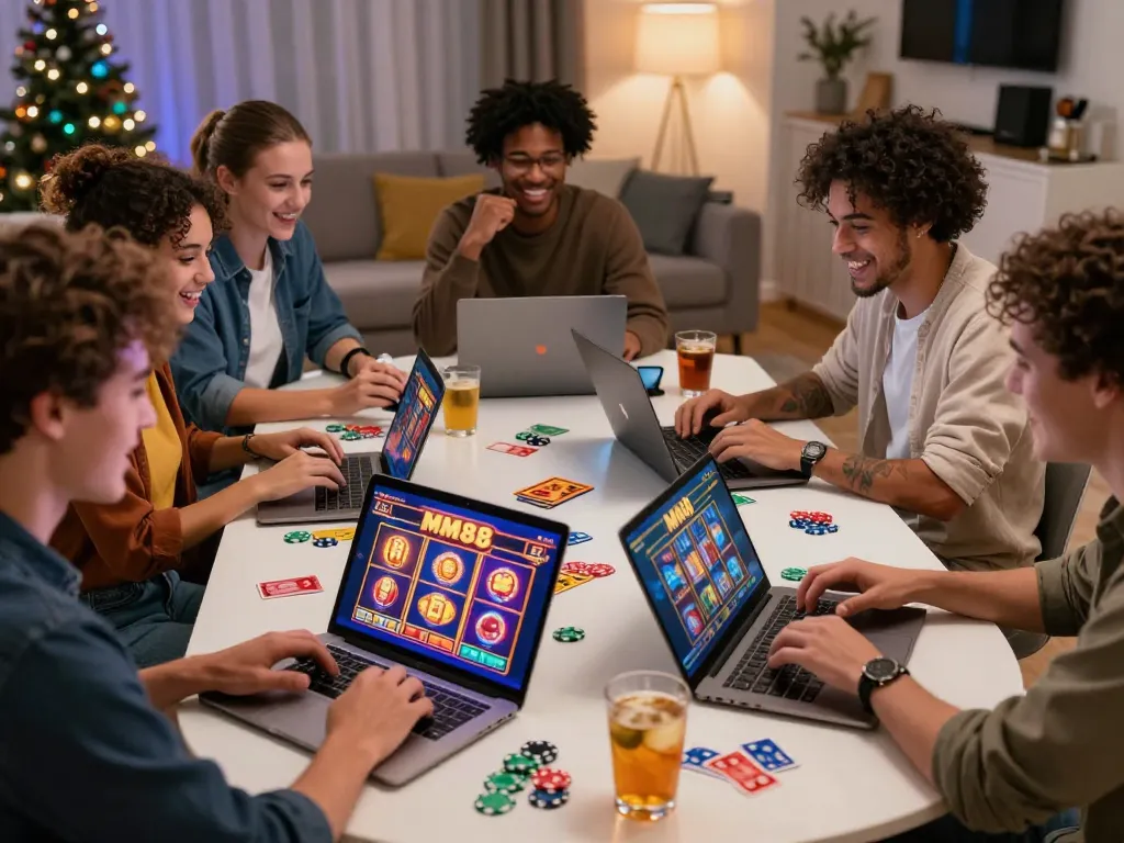 Friends enjoying an exciting gaming night at MM88 virtual casino with colorful slot games displayed.