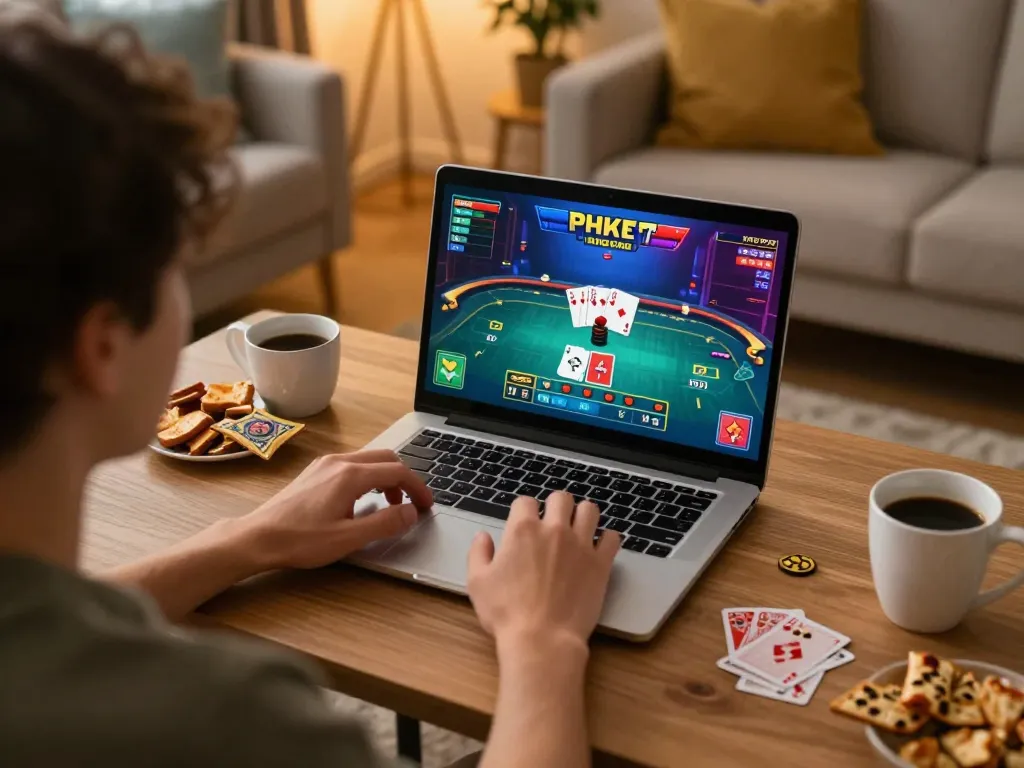 Engaging in online casino gameplay with 79win, showcasing a vibrant home gaming setup.