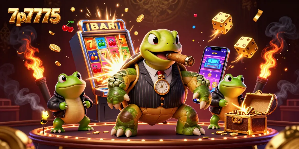 Experience the excitement of 7p7775 with a dynamic casino-themed illustration featuring a turtle mobster.