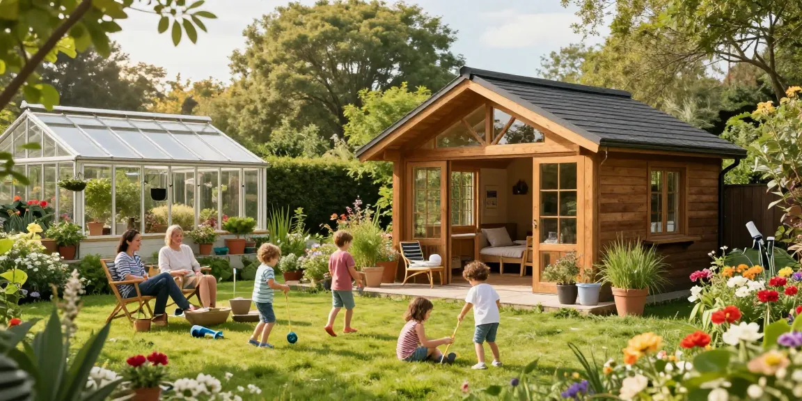 Ein Gartenhaus umgeben von bunten Blumen und einem grünen Rasen, Familie genießt den sonnigen Nachmittag.