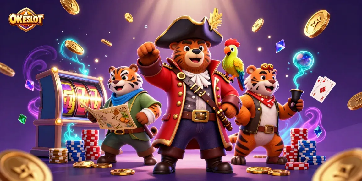 OKESLOT memukau dengan pirat kartun yang memimpin permainan slot dan tumpukan chip poker yang berkilau.