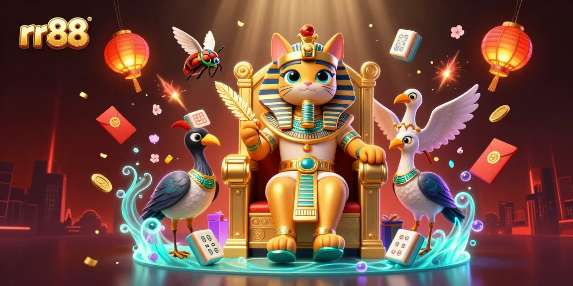 Experience thrilling gameplay at rr88 with an Egyptian pharaoh cat and vibrant casino elements.