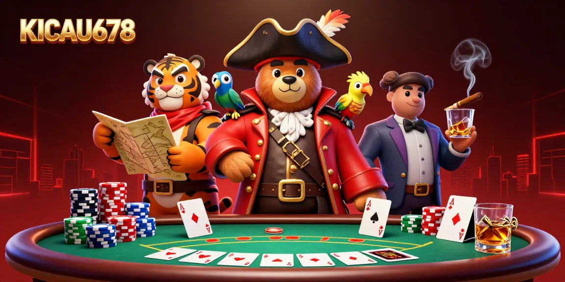 KICAU678 brings to life a dynamic poker scene featuring a pirate bear, tiger first mate, and colorful poker elements.
