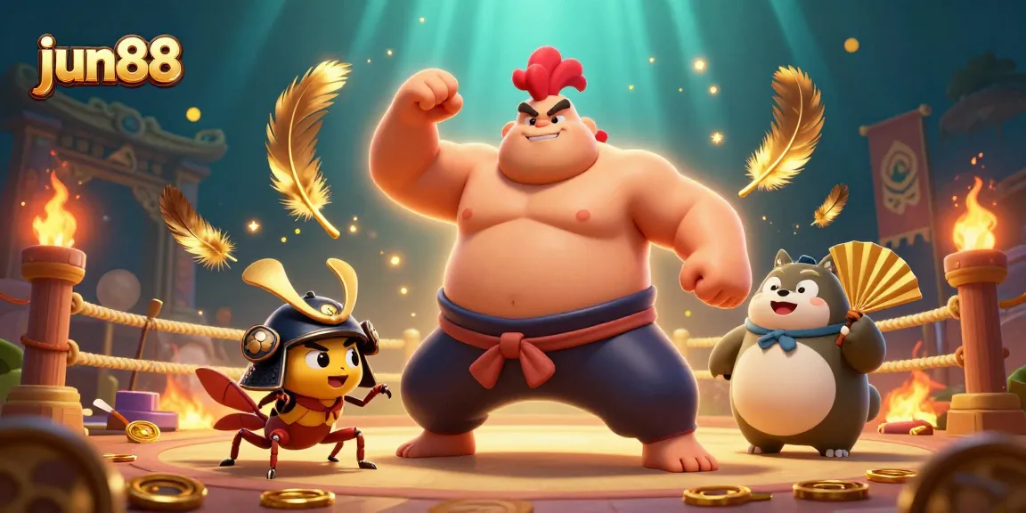 Experience thrilling wins at jun88 with a dynamic cartoon illustration of captivating characters in an energetic casino setting.