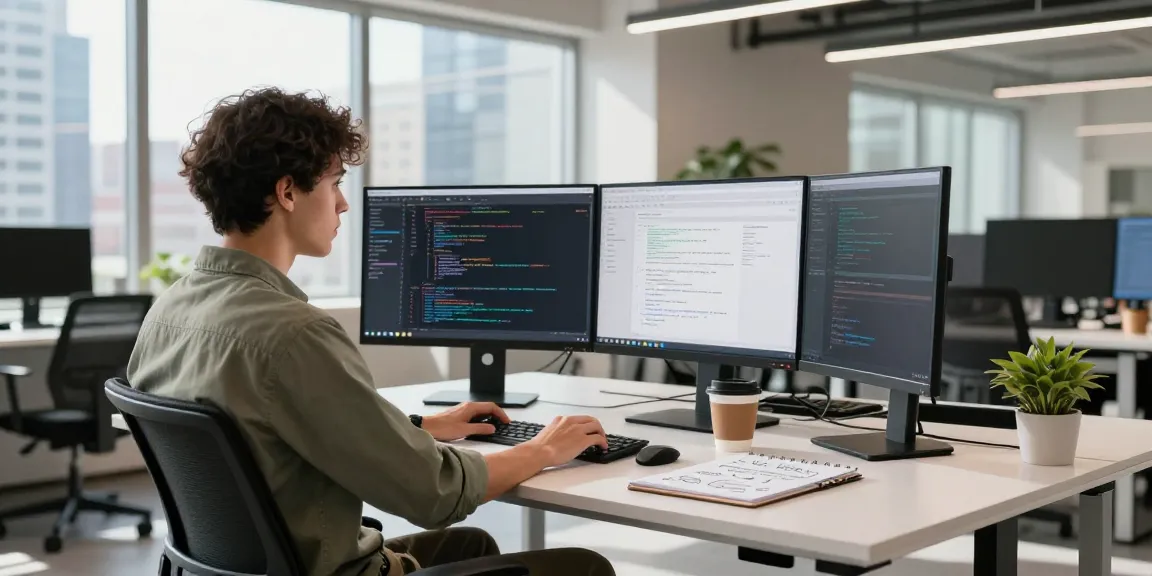 Innovative tech workspace with developer coding at dual monitors, showcasing teiegramin.com environment.
