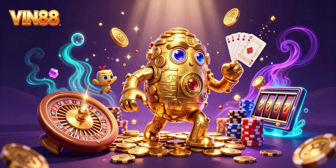 Experience thrilling wins with VIN88's golden golem in this vibrant casino scene.