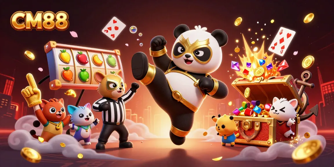Engage in thrilling casino action with CM88's lively 3D illustration of a wrestling panda and vibrant gaming elements.