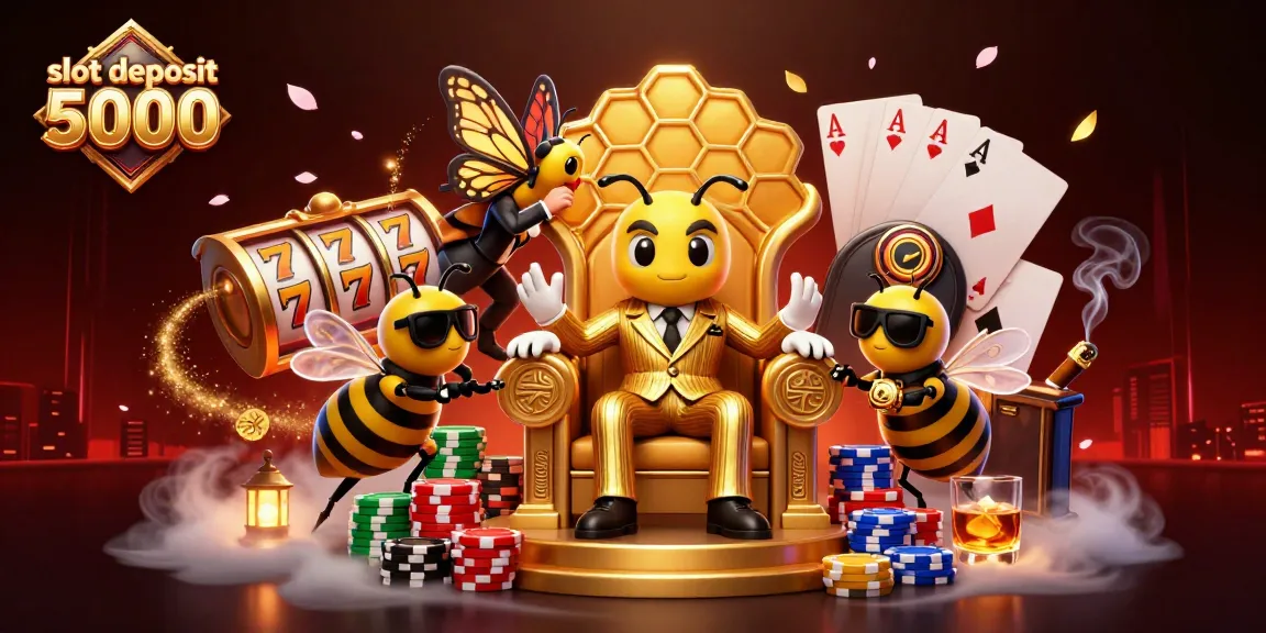 Experience the excitement of slot deposit 5000 with a buzzing scene of a bumblebee mob boss surrounded by colorful casino elements.