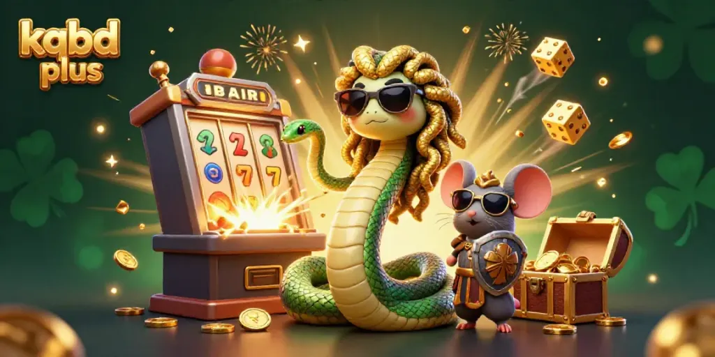 Experience the thrill of kqbd plus with a lively 3D scene showcasing a friendly Medusa and a stone-shield warrior mouse amidst dynamic jackpots.