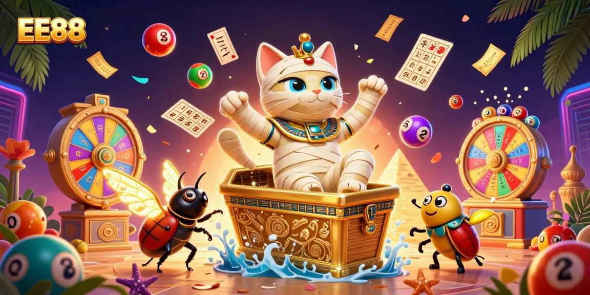 Engage with EE88's vibrant casino world featuring a mummy cat and dynamic lottery elements.