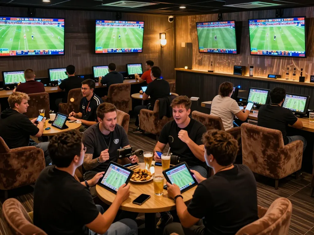 Excited bettors placing live predictions at 7m-7m sports betting lounge with multiple screens.