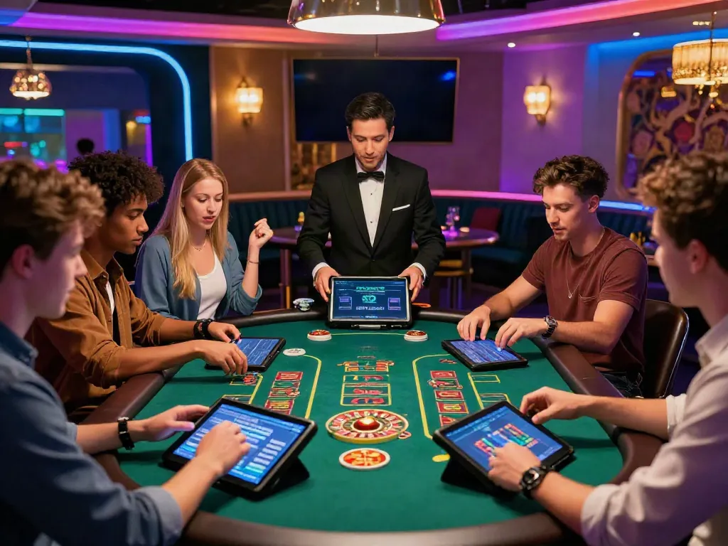Engaged friends enjoying Casino En Ligne games at a modern gaming lounge, capturing excitement and fun.