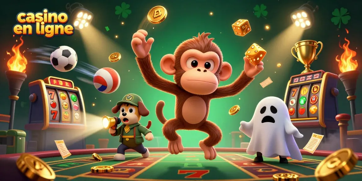 Jouez à des jeux de casino en ligne avec l'image d'un singe espiègle et un chiot chasseur de fantômes.