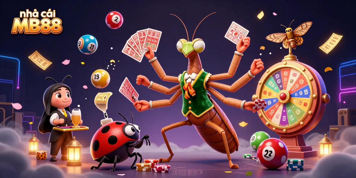 Experience the excitement of nhà cái MB88 with vibrant lottery balls, a giant mantis card sharp, and dynamic casino elements.