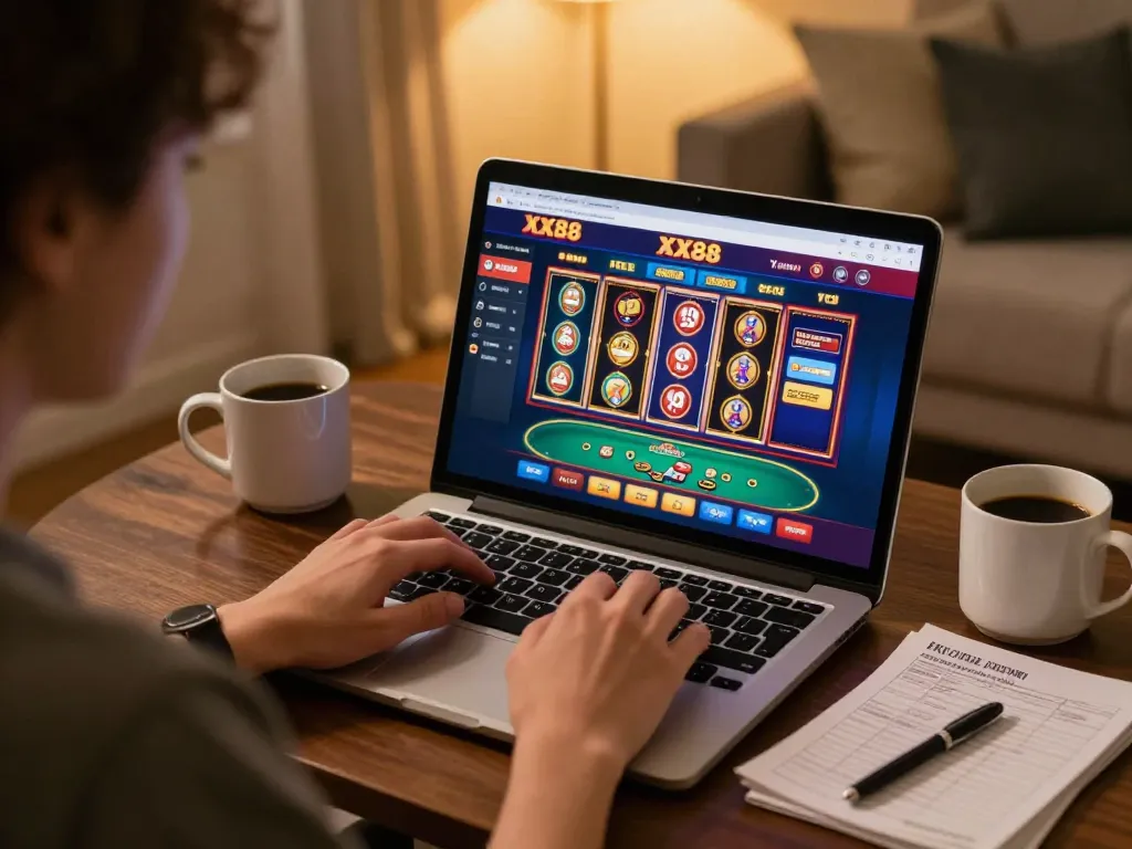 Engaging home gaming experience at XX88 with player enjoying online slots on laptop.