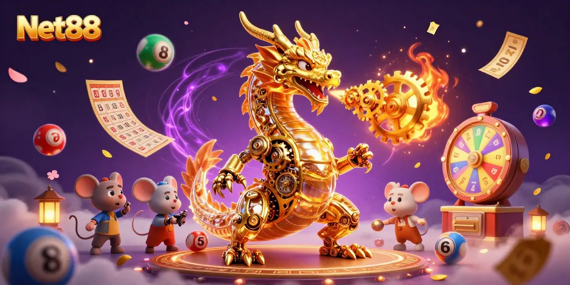 Experience excitement with Net88 as golden gear-spouting dragon interacts with dynamic casino elements.
