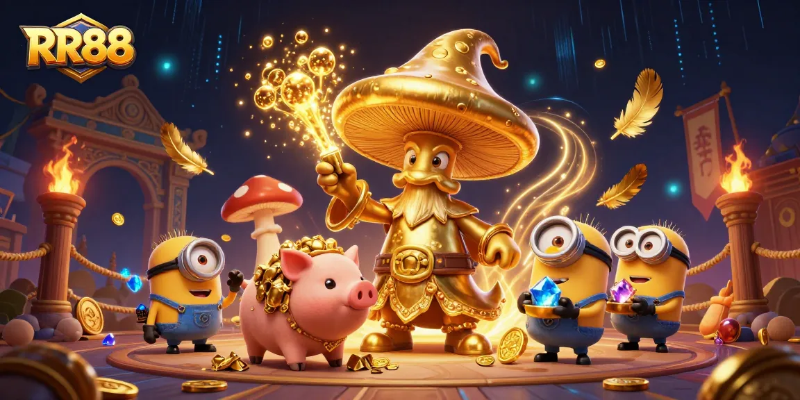 RR88 presents a magical scene with a mushroom wizard and treasure-sniffing pig amidst casino excitement.