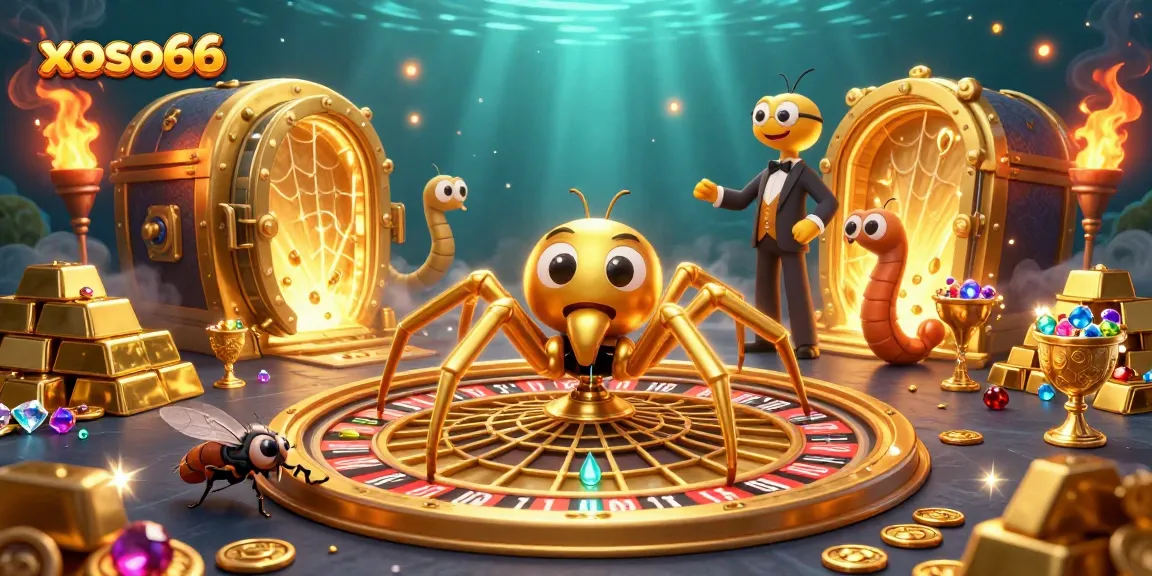 xoso66 bets in a vibrant 3D casino scene featuring a golden spider and a centipede croupier.
