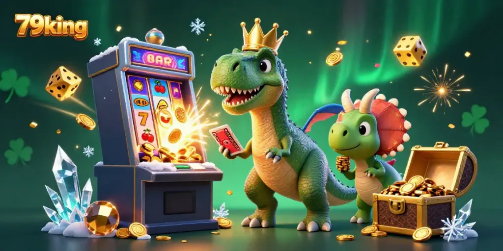 Engaging illustration showcasing a T-Rex playing cards with friends in a vibrant casino setting, encapsulating the fun of 79king.