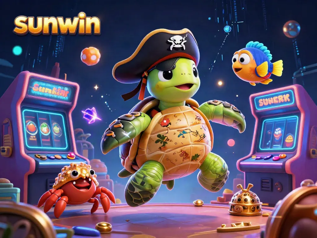 Experience exciting casino games with sunwin featuring a cartoon pirate turtle, hermit crab, and parrotfish.