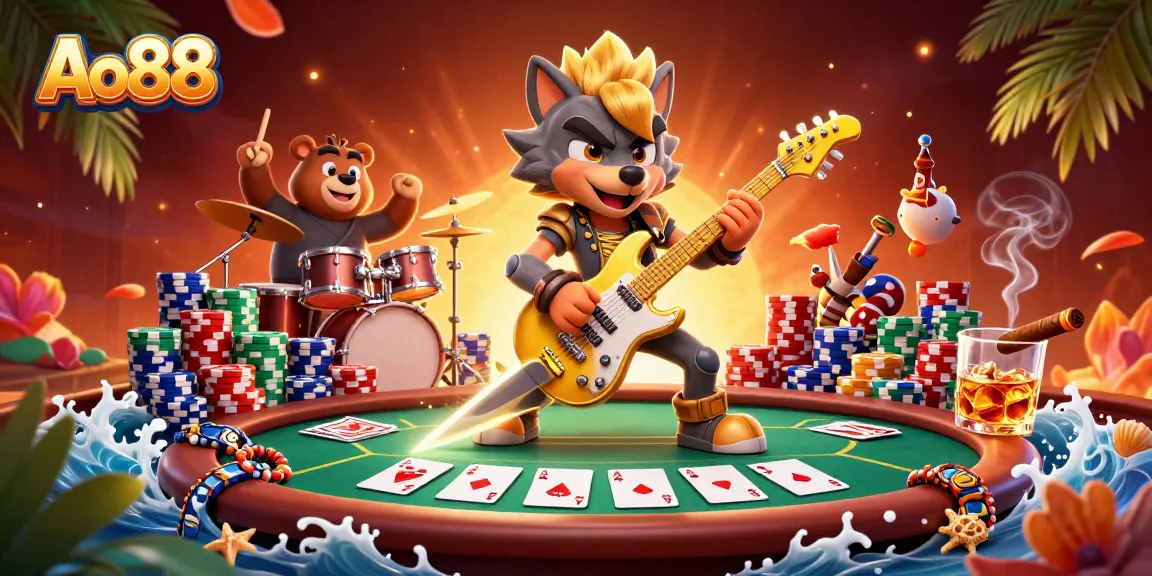 Ao88 captures the thrill of poker action with a vibrant casino atmosphere featuring dynamic characters.
