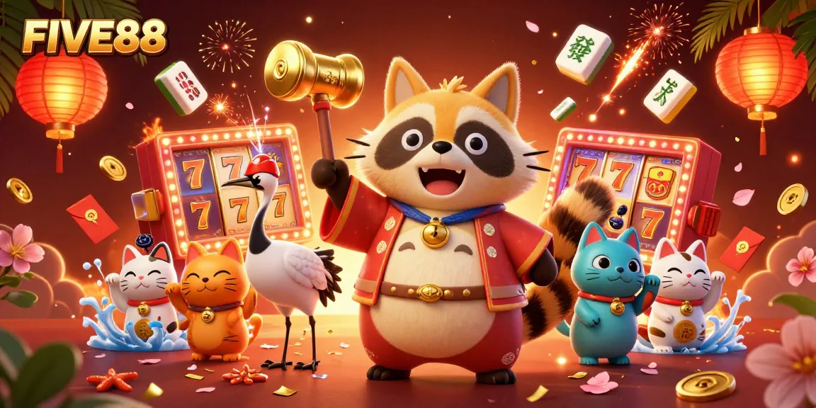 Engage with FIVE88 by enjoying a vibrant 3D casino scene filled with lucky symbols and festive characters.