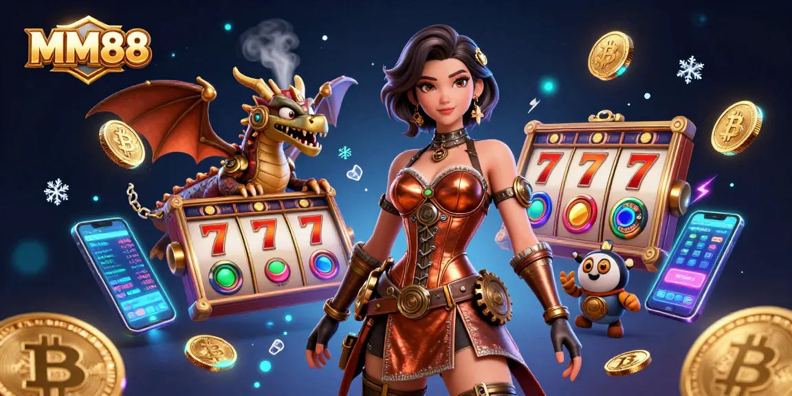 Spin and win big at MM88 with vibrant slot reels and dynamic casino elements in a rich 3D illustration.