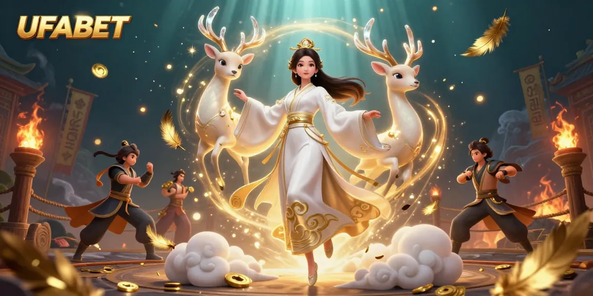 Win big with UFABET at this enchanting casino scene featuring Asian cultural elements and vibrant game details.