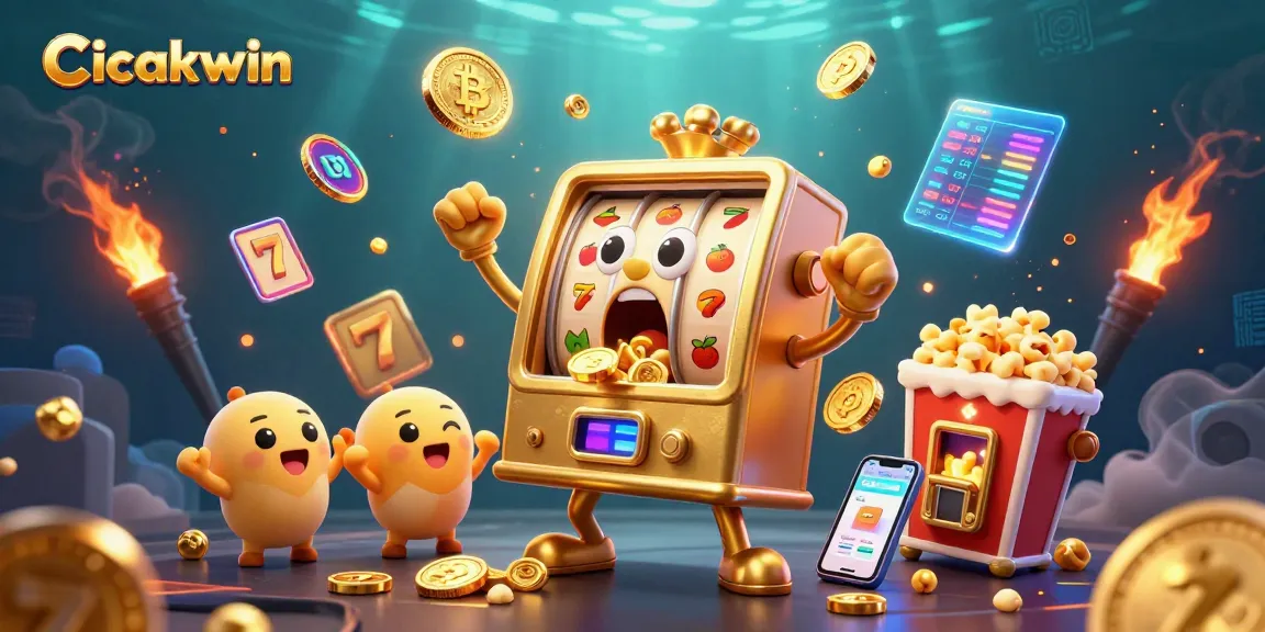 Cicakwin promotes gaming excitement with a golden slot machine celebrating its jackpot amidst a vibrant casino atmosphere.