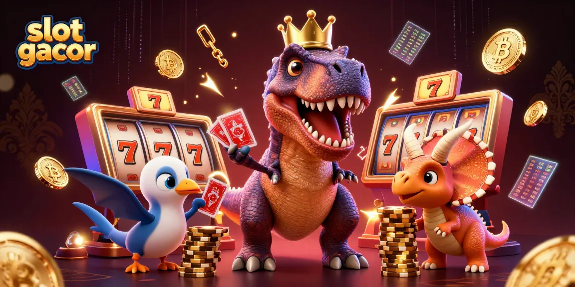 Slot gacor menampilkan karakter lucu beraksi di kasino dengan chip emas dan simbol jackpot.