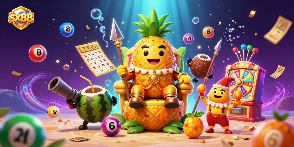 Sx88's vibrant casino scene features a golden pineapple king and lively game elements.