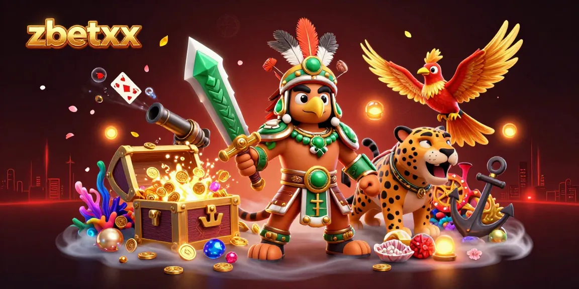 Battle with zbetxx imagery, featuring Aztec warriors and casino elements amidst treasure.