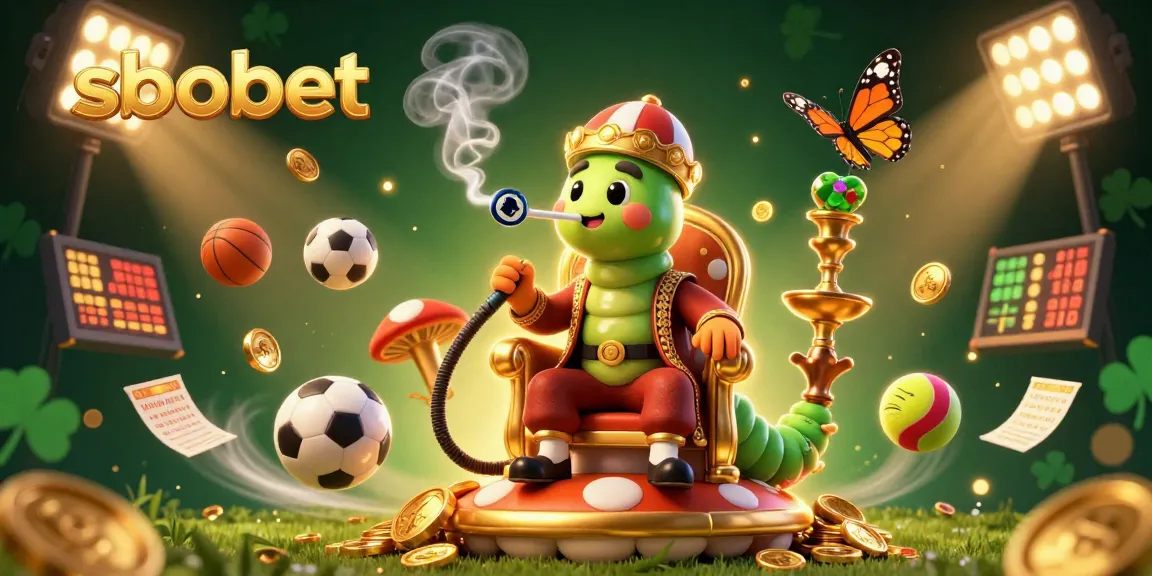 Bet on sbobet with a dynamic scene showcasing a whimsical caterpillar master and sports elements.
