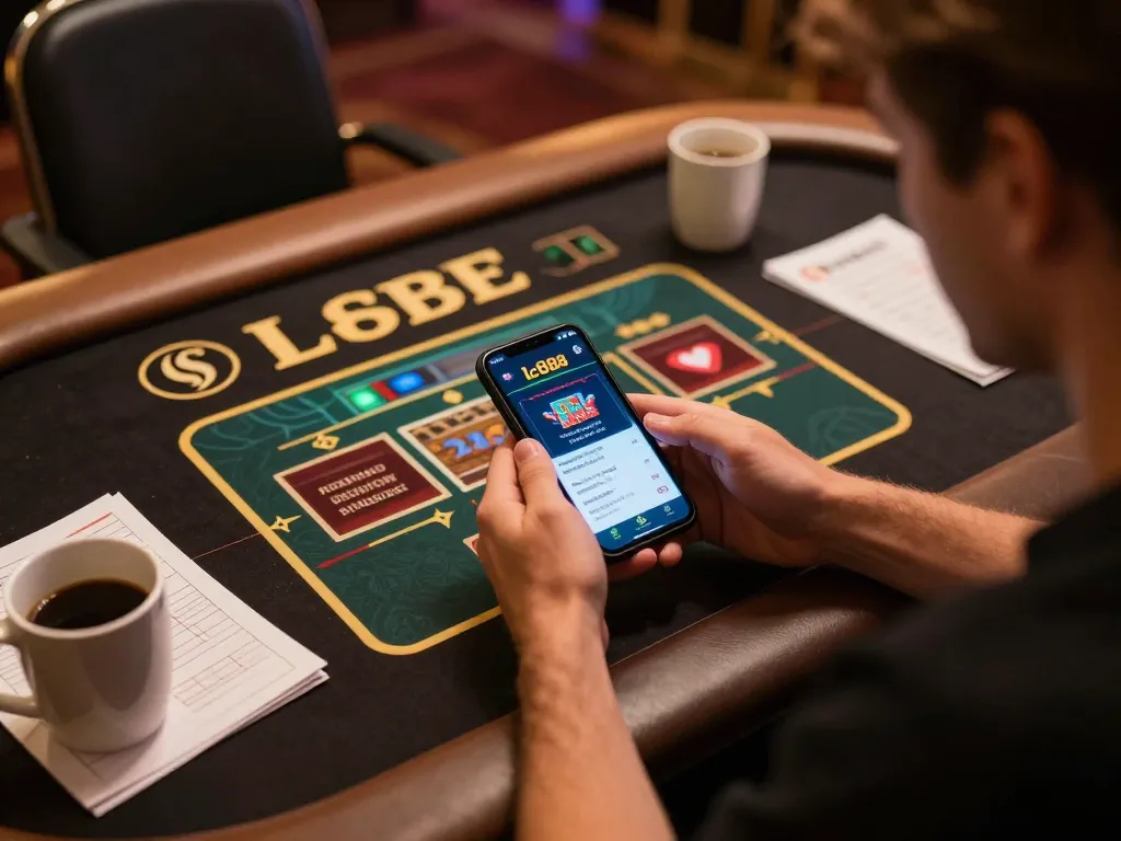 Player engaging with the lc888 casino app on a smartphone, demonstrating online gambling excitement.