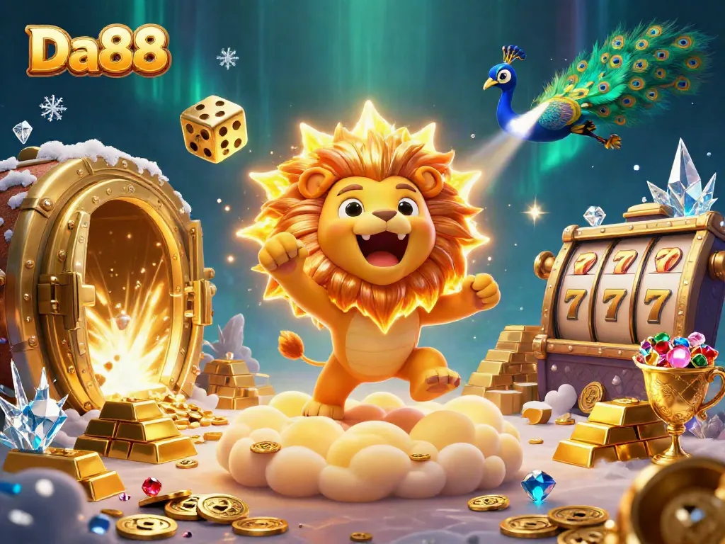 Experience Da88's vibrant casino adventure with a dynamic scene featuring a roaring lion and golden dice.