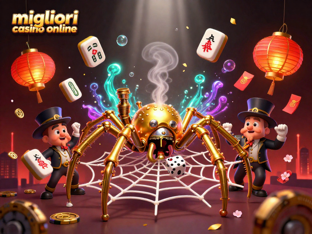 Esplora i migliori casino online con un'illustrazione tridimensionale accattivante di un ragno d'oro e elementi di gioco.