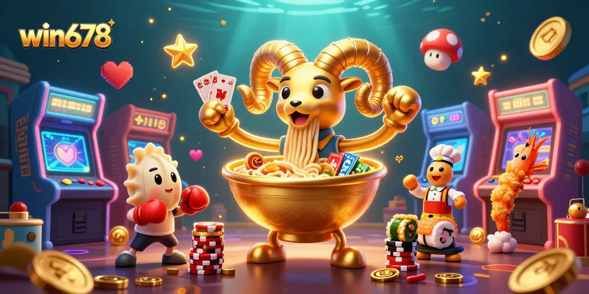 Experience vibrant gaming action at win678 with a giant ramen bowl character engaging players in thrilling casino fun.