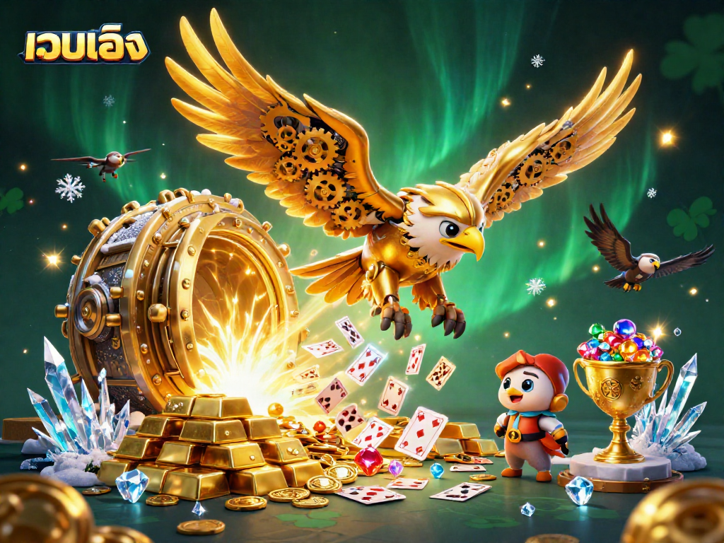 Experience เว็บตรง gaming with a cybernetic eagle diving through holographic cards in a vibrant casino scene.