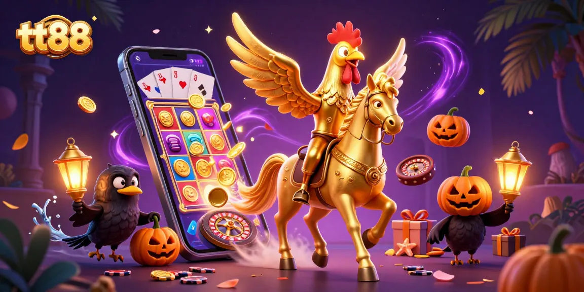 Experience the thrilling world of tt88 gambling with a vibrant golden rooster mascot surrounded by casino elements.