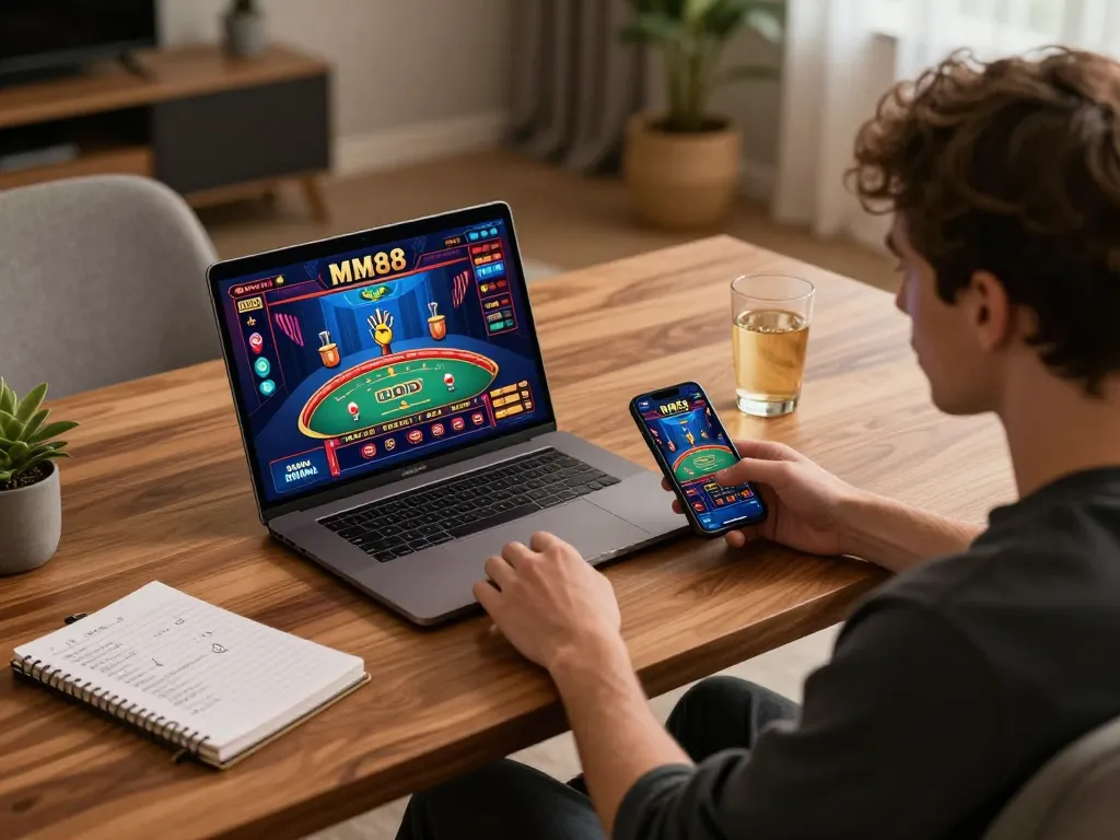 Experience thrilling gameplay at MM88 with a player engaging in online casino games on a stylish setup.